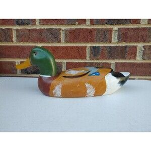 VTG Carved Solid Wood Mallard Duck Decoy Hand Painted approx. 14”×6" 1970s EC